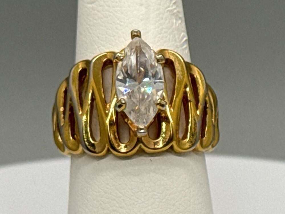 Vargas 18KT GE Marquise Solitaire Rhinestone Ring Cocktail Statement Signed Vtg